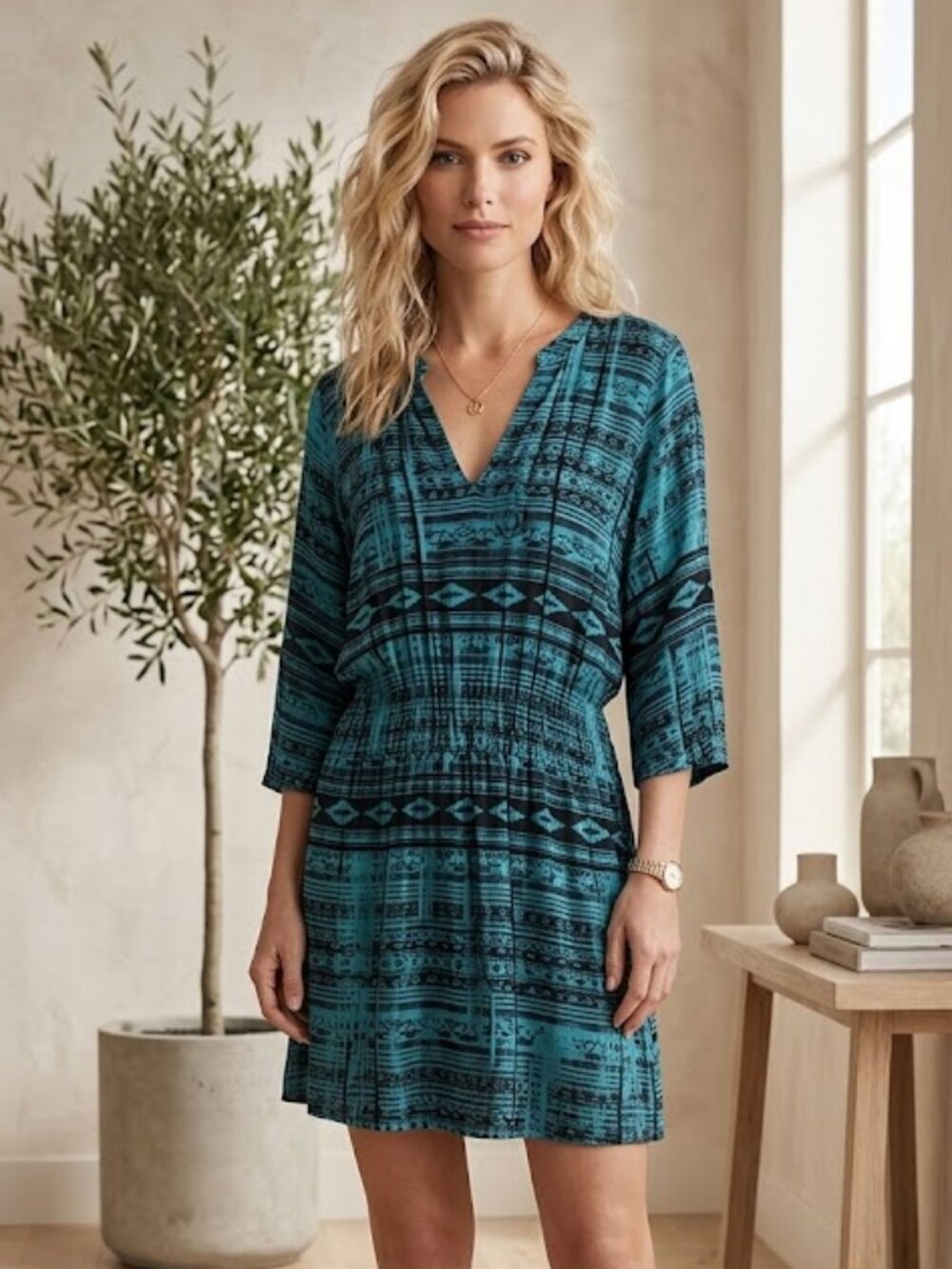 Language Blue Aztec Design 3/4 Sleeve Dress